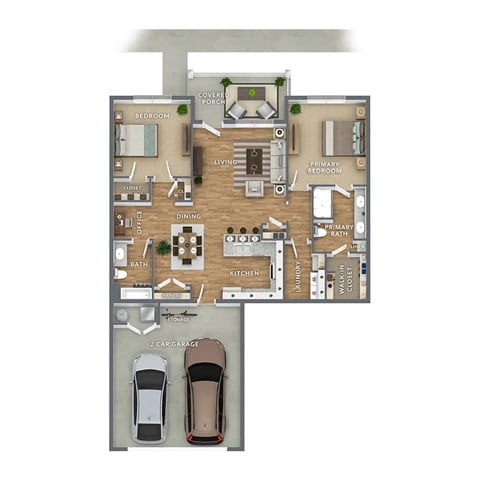 A floor plan of a house with a living room, dining room, kitchen, two bedrooms, a bathroom, a garage, and a covered porch.